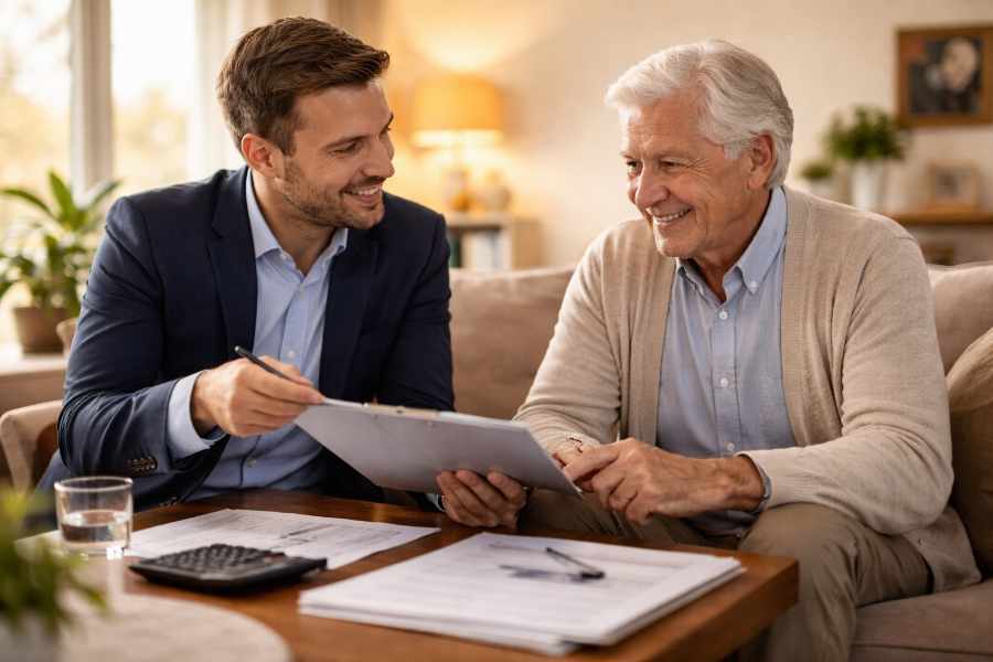 Makler berät älteren Herrn zu Immobilienlösung und finanzieller Liquidität