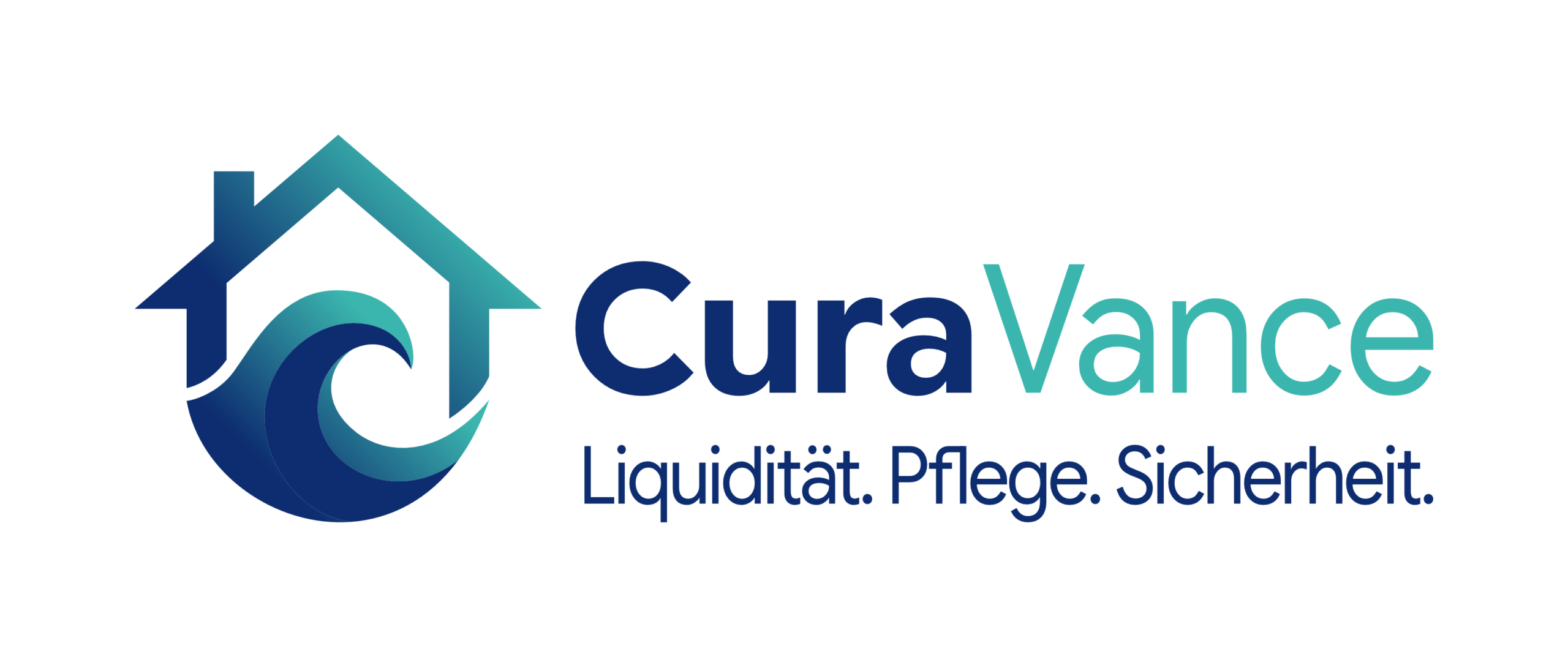 Weißes CuraVance Logo mit Claim Liquidität Pflege Sicherheit