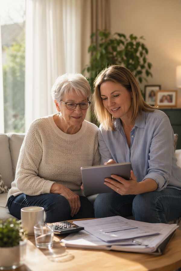 Ältere Frau und Angehörige betrachten gemeinsam Informationen auf einem Tablet