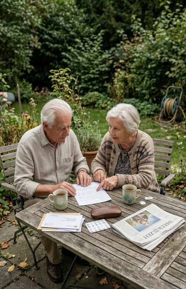 Älteres Paar sitzt entspannt im Garten und genießt den Ruhestand im eigenen Zuhause