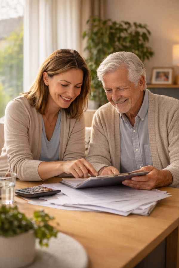 Tochter erklärt älterem Vater Dokumente zur Pflege- und Immobilienfinanzierung